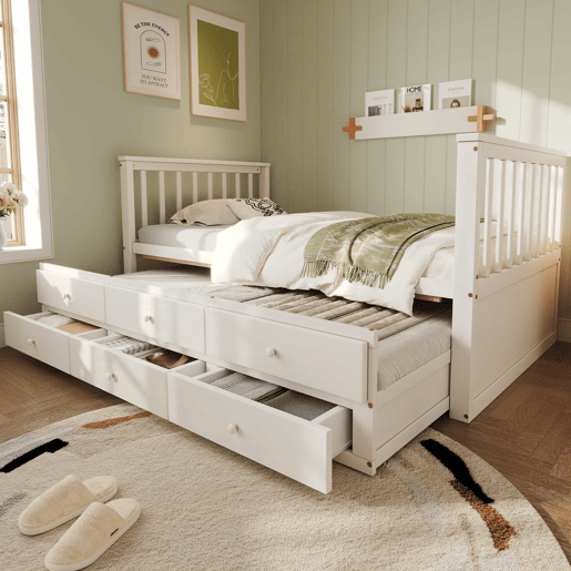 Cama de madeira 90x200 cm com cama de rodízio 90x190 cm - 3 gavetas - Branco