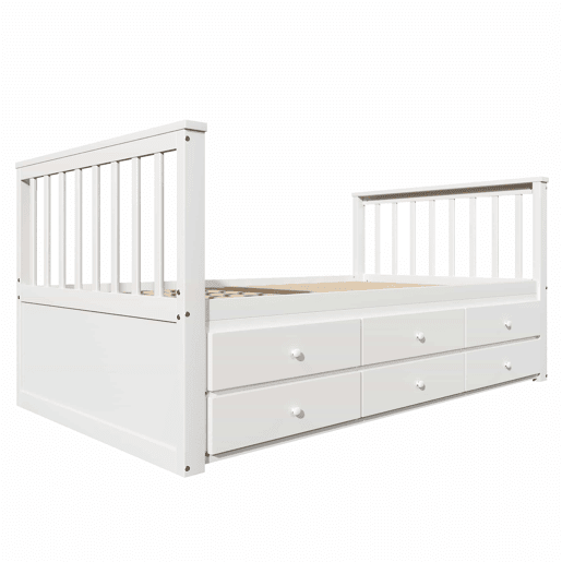 Cama de madeira 90x200 cm com cama de rodízio 90x190 cm - 3 gavetas - Branco
