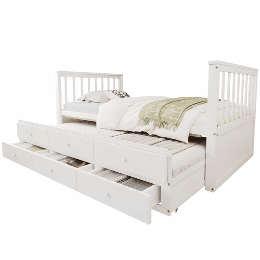 Cama de madeira 90x200 cm com cama de rodízio 90x190 cm - 3 gavetas - Branco