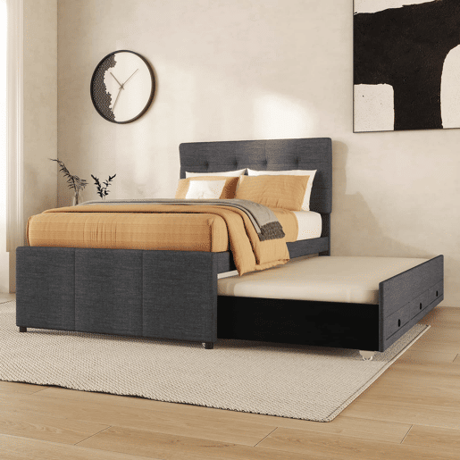 Cama estofada 90x200cm com cama de rodízio 90x190cm - em tecido de linho - com 3 gavetas e estrado de molas - Cinzento