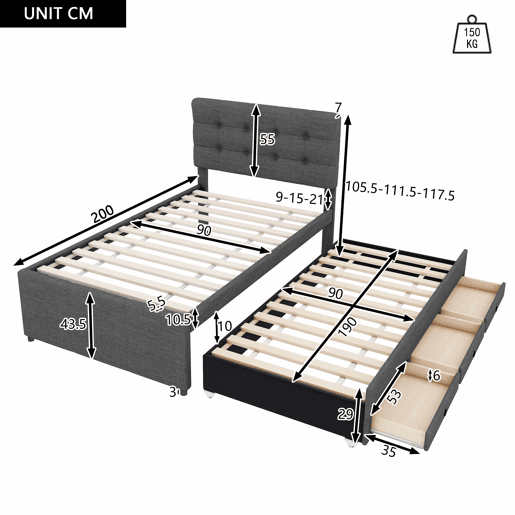 Cama estofada 90x200cm com cama de rodízio 90x190cm - em tecido de linho - com 3 gavetas e estrado de molas - Cinzento