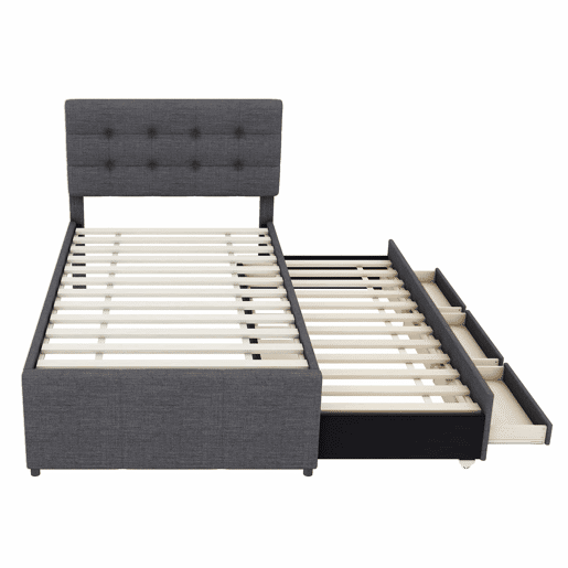 Cama estofada 90x200cm com cama de rodízio 90x190cm - em tecido de linho - com 3 gavetas e estrado de molas - Cinzento