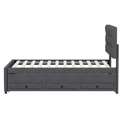 Cama estofada 90x200cm com cama de rodízio 90x190cm - em tecido de linho - com 3 gavetas e estrado de molas - Cinzento