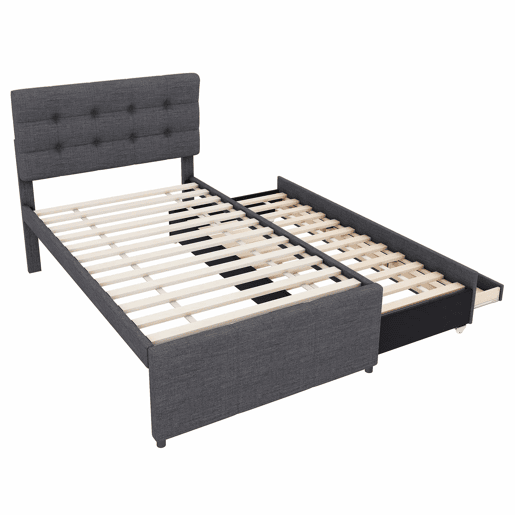 Cama estofada 90x200cm com cama de rodízio 90x190cm - em tecido de linho - com 3 gavetas e estrado de molas - Cinzento