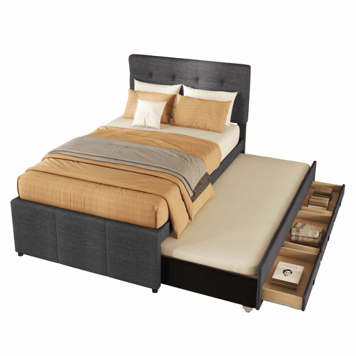 Cama estofada 90x200cm com cama de rodízio 90x190cm - em tecido de linho - com 3 gavetas e estrado de molas - Cinzento