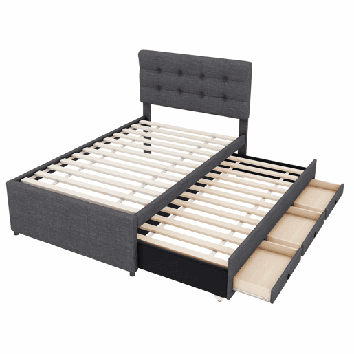 Cama estofada 90x200cm com cama de rodízio 90x190cm - em tecido de linho - com 3 gavetas e estrado de molas - Cinzento