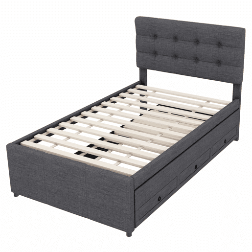 Cama estofada 90x200cm com cama de rodízio 90x190cm - em tecido de linho - com 3 gavetas e estrado de molas - Cinzento