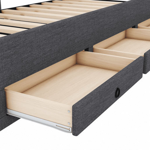 Cama estofada 90x200cm com cama de rodízio 90x190cm - em tecido de linho - com 3 gavetas e estrado de molas - Cinzento