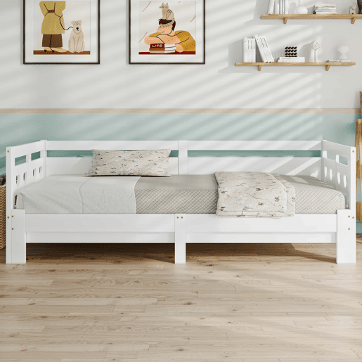 Cama de rodízio em pinho maciço - 90(180)x200cm - com estrado de molas - Branco