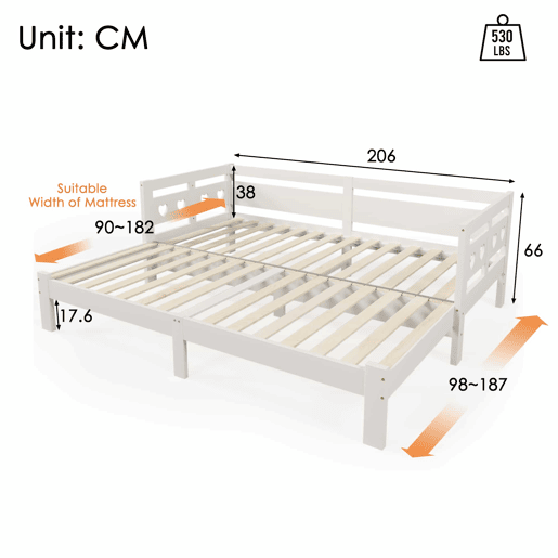 Cama de rodízio em pinho maciço - 90(180)x200cm - com estrado de molas - Branco