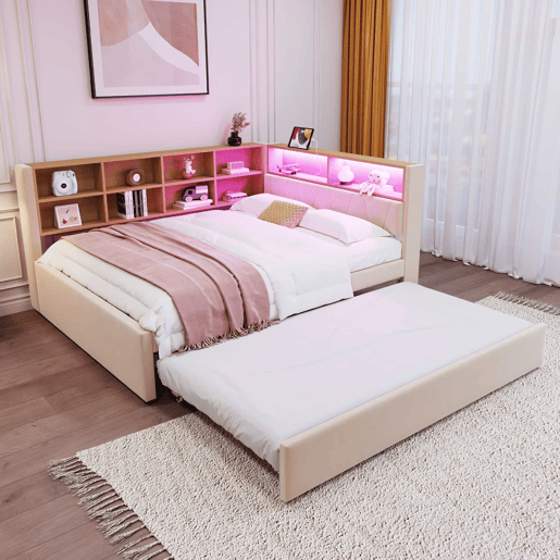 Sofá-cama 140x200 - Cama extraível 90x190, com luzes LED, tomadas e compartimentos de arrumação - Bege