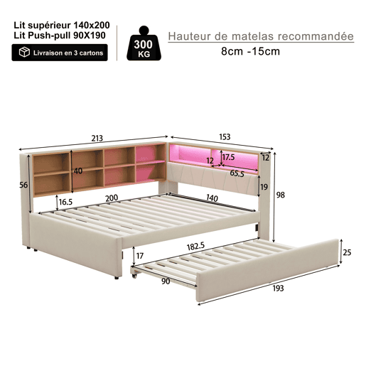 Sofá-cama 140x200 - Cama extraível 90x190, com luzes LED, tomadas e compartimentos de arrumação - Bege