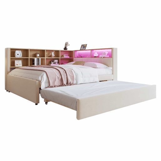 Sofá-cama 140x200 - Cama extraível 90x190, com luzes LED, tomadas e compartimentos de arrumação - Bege