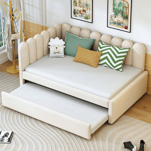 Sofá-cama em forma de L 140x200 cm - Encosto com flores e cama extensível - Samt Beige