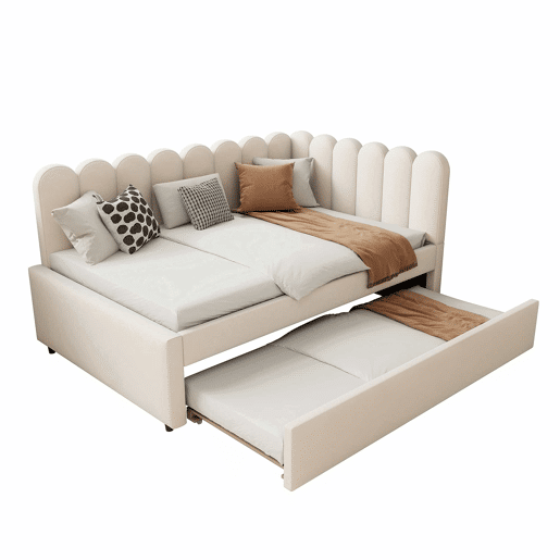 Sofá-cama em forma de L 140x200 cm - Encosto com flores e cama extensível - Samt Beige