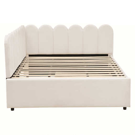 Sofá-cama em forma de L 140x200 cm - Encosto com flores e cama extensível - Samt Beige