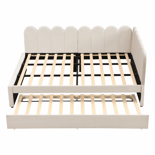Sofá-cama em forma de L 140x200 cm - Encosto com flores e cama extensível - Samt Beige