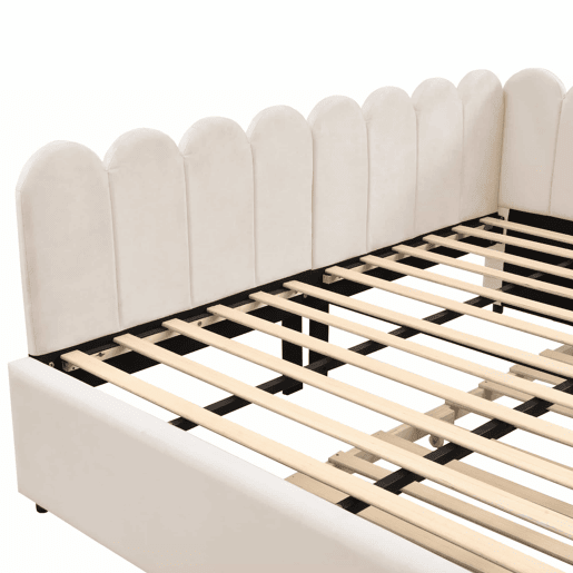 Sofá-cama em forma de L 140x200 cm - Encosto com flores e cama extensível - Samt Beige