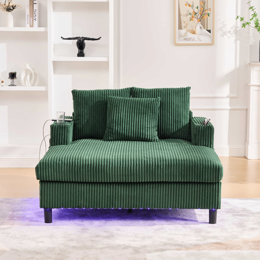 Poltrona chaise longue grande - Com apoio para bebidas, portas USB, iluminação LED ambiente - Verde