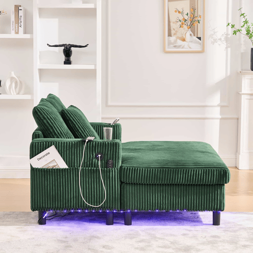 Poltrona chaise longue grande - Com apoio para bebidas, portas USB, iluminação LED ambiente - Verde