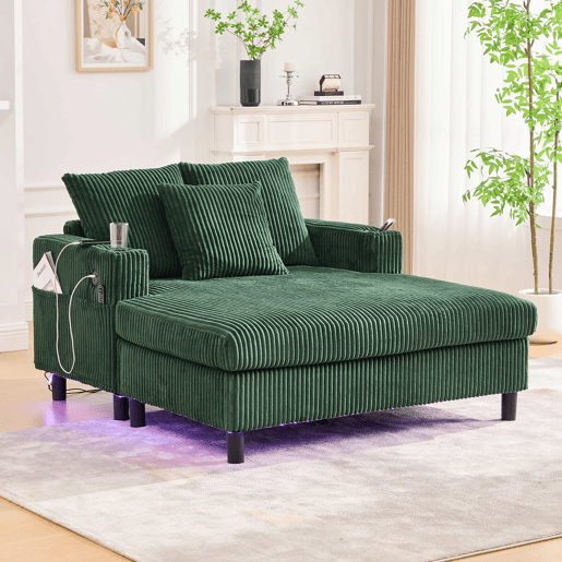 Poltrona chaise longue grande - Com apoio para bebidas, portas USB, iluminação LED ambiente - Verde