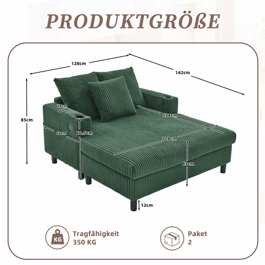 Poltrona chaise longue grande - Com apoio para bebidas, portas USB, iluminação LED ambiente - Verde