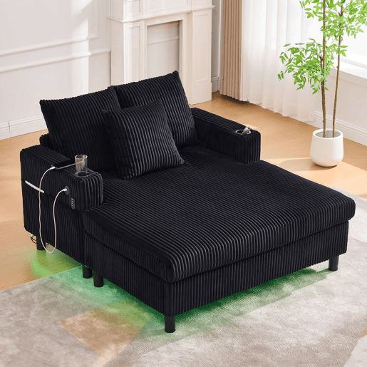 Poltrona chaise longue grande - com porta-copos laterais, portas USB, iluminação LED ambiente - Preto