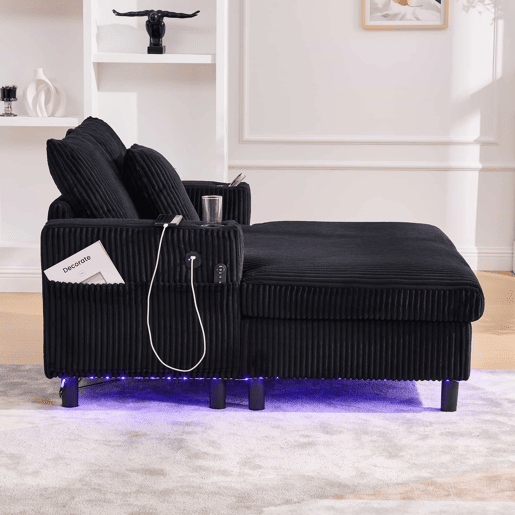 Poltrona chaise longue grande - com porta-copos laterais, portas USB, iluminação LED ambiente - Preto