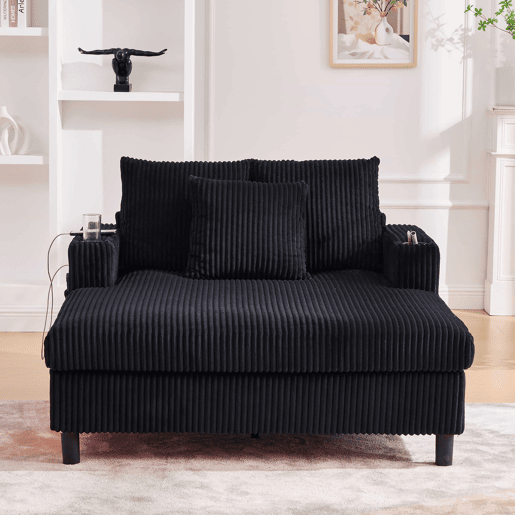 Poltrona chaise longue grande - com porta-copos laterais, portas USB, iluminação LED ambiente - Preto