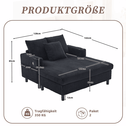 Poltrona chaise longue grande - com porta-copos laterais, portas USB, iluminação LED ambiente - Preto