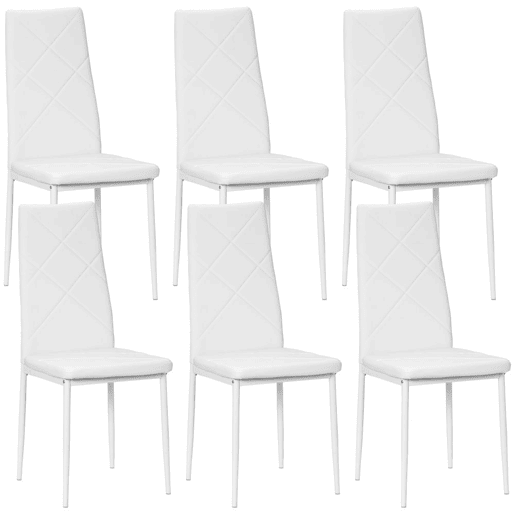 HOMCOM Conjunto de 6 Cadeiras de Sala de Jantar Estofadas em Couro Sintético Cadeiras de Cozinha com Encosto Alto e Pés de Aço Carga Máxima 120kg 41x50x97cm Branco