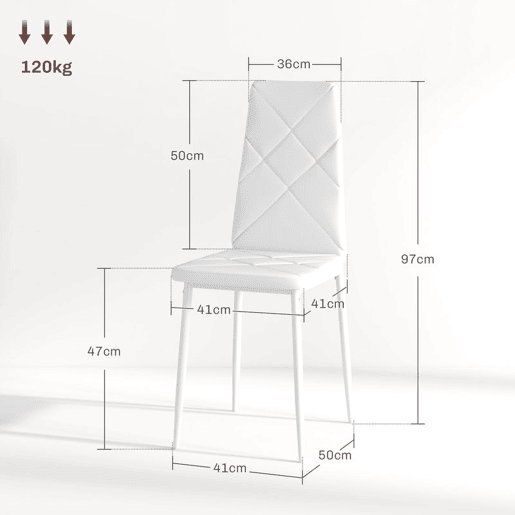 HOMCOM Conjunto de 6 Cadeiras de Sala de Jantar Estofadas em Couro Sintético Cadeiras de Cozinha com Encosto Alto e Pés de Aço Carga Máxima 120kg 41x50x97cm Branco