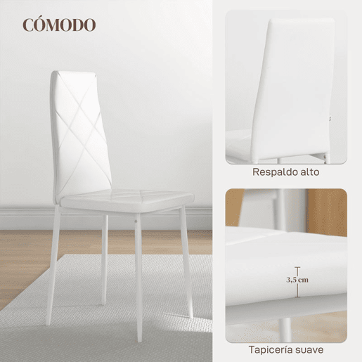 HOMCOM Conjunto de 6 Cadeiras de Sala de Jantar Estofadas em Couro Sintético Cadeiras de Cozinha com Encosto Alto e Pés de Aço Carga Máxima 120kg 41x50x97cm Branco
