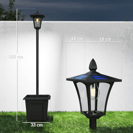 Outsunny Candeeiro Solar Exterior de Jardim com Vaso Luz Solar LED Poste de Alumínio Impermeável IP44 Ligação Automática para Terraço Pátio 33x33x160 cm Preto