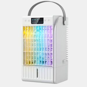 HOMCOM Climatizador Portátil, Mini Ar Condicionado 4 em 1 com 4 Velocidades, 2 Modos de Nebulização, Luz LED RGB de 7 Cores, Depósito de Água de 1,5L, Temporizador 246H, Alça, Branco