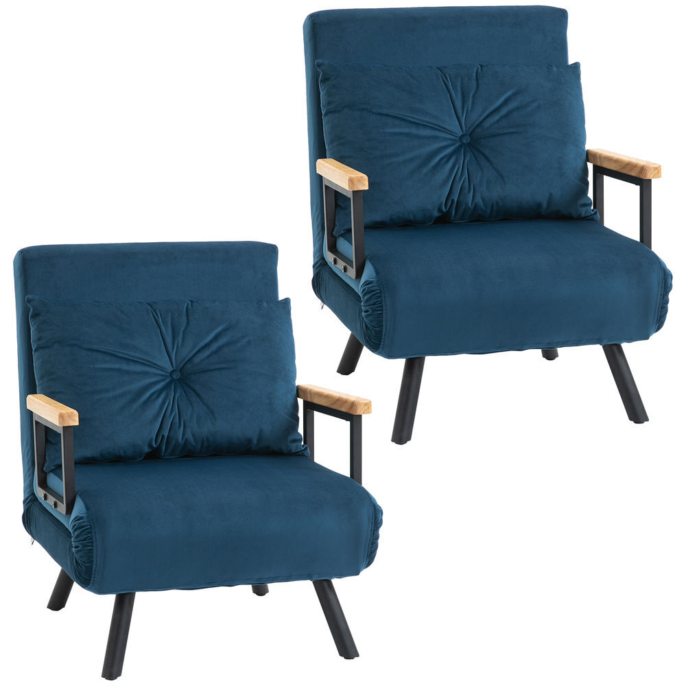 Homcom pack de 2 sofás cama de 1 plaza sofás cama plegables tapizados en terciopelo con respaldo ajustable de 5 niveles y almohadas acolchadas para oficina dormitorio salón 63x73x81 cm azul