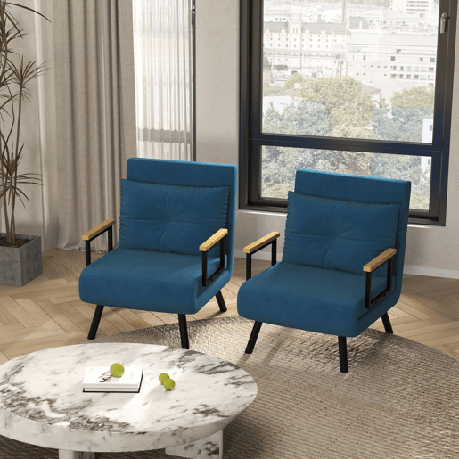 HOMCOM Conjunto de 2 Poltronas Convertível em Cama Dobrável Poltronas Convertível em Cama com Encosto Ajustável em 5 Níveis e Almofada Acolchoada para Escritório Dormitório Sala de Estar Carga 120 kg 63x73x81 cm Azul