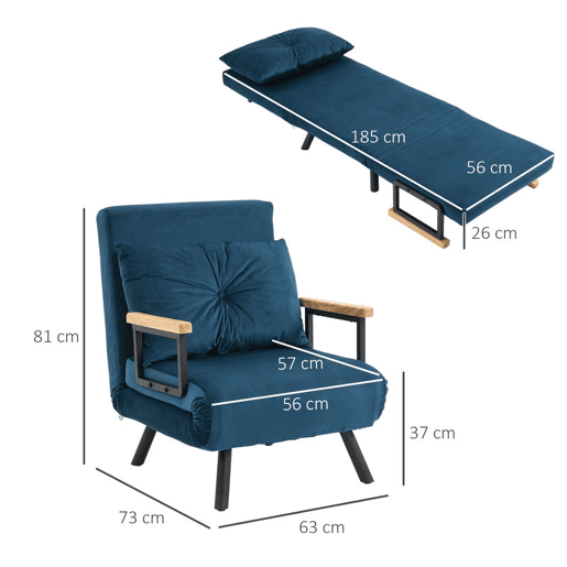 HOMCOM Conjunto de 2 Poltronas Convertível em Cama Dobrável Poltronas Convertível em Cama com Encosto Ajustável em 5 Níveis e Almofada Acolchoada para Escritório Dormitório Sala de Estar Carga 120 kg 63x73x81 cm Azul
