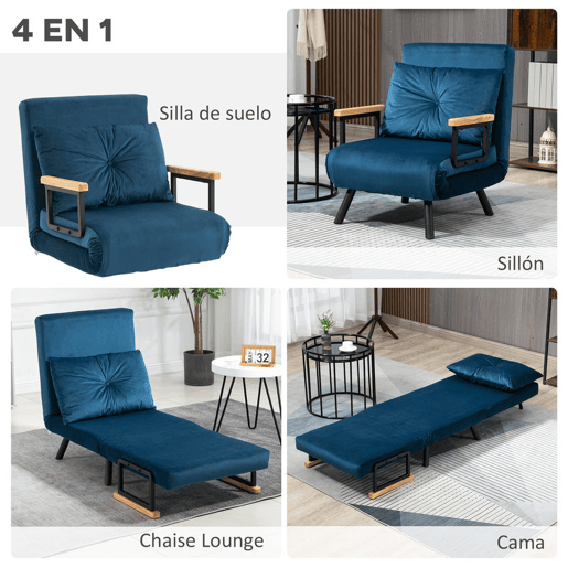 HOMCOM Conjunto de 2 Poltronas Convertível em Cama Dobrável Poltronas Convertível em Cama com Encosto Ajustável em 5 Níveis e Almofada Acolchoada para Escritório Dormitório Sala de Estar Carga 120 kg 63x73x81 cm Azul