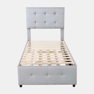 Cama com gavetão estofada 90x200cm - cabeceira regulável - tecido de linho - Cinzento