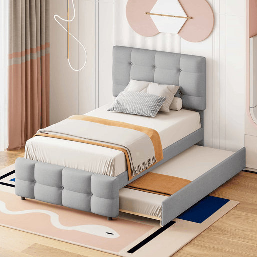 Cama com gavetão estofada 90x200cm - cabeceira regulável - tecido de linho - Cinzento