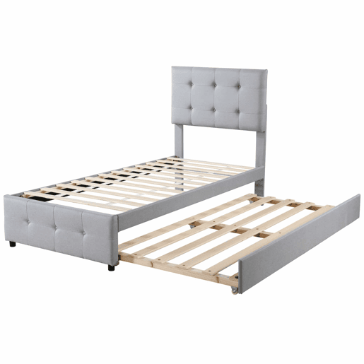 Cama com gavetão estofada 90x200cm - cabeceira regulável - tecido de linho - Cinzento
