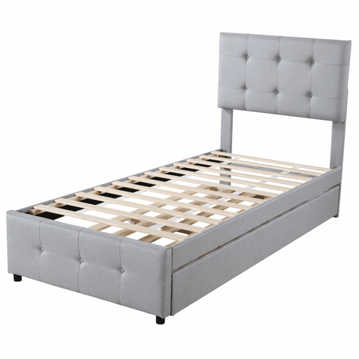 Cama com gavetão estofada 90x200cm - cabeceira regulável - tecido de linho - Cinzento