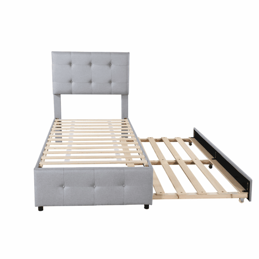 Cama com gavetão estofada 90x200cm - cabeceira regulável - tecido de linho - Cinzento