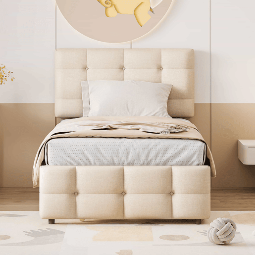 Cama com gavetão 90x200cm - cabeceira regulável - tecido de linho - Bege