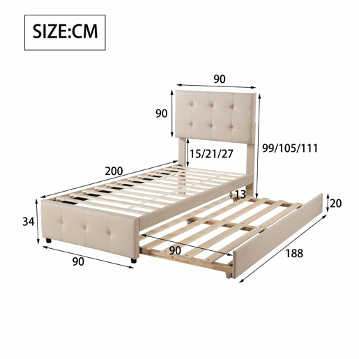 Cama com gavetão 90x200cm - cabeceira regulável - tecido de linho - Bege