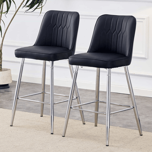 Conjunto de 2 bancos de bar, 100 cm - Couro sintético preto com estrutura metálica prateada - Ideal para balcão de casa