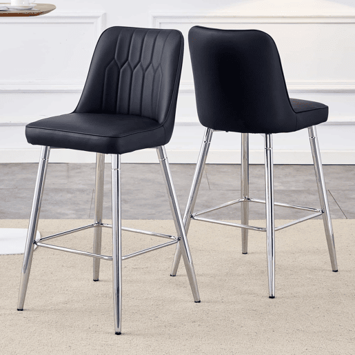 Conjunto de 2 bancos de bar, 100 cm - Couro sintético preto com estrutura metálica prateada - Ideal para balcão de casa