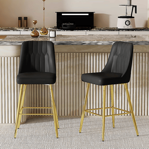 Conjunto de 2 bancos de bar 100 cm - Couro PU preto com estrutura metálica prateada e apoio para os pés confortável - Preto e dourado