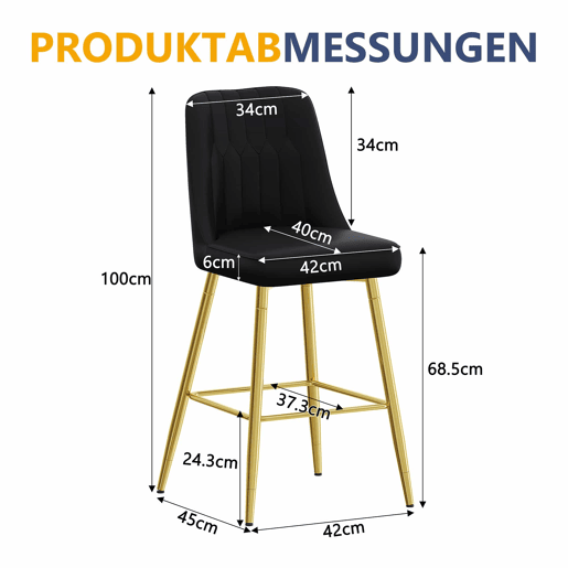 Conjunto de 2 bancos de bar 100 cm - Couro PU preto com estrutura metálica prateada e apoio para os pés confortável - Preto e dourado